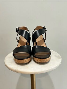 Franco Sarto Black Leather Cork-Platform Sandals